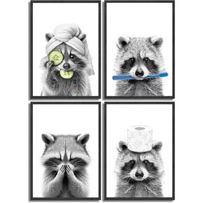 Danseed 4pcs Adorable Raccoon Bathroom Wall Art Modern Black and White Animal Wall Decor Pictures Funny Bathroom Canvas Posters Prints for bathroom Washroom laundry room Decorations Unframed