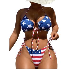WDIRARA Women's 2 Piece American Flag Print Bikini Swimsuit Halter Bathing Suit Tie Side Swimwear