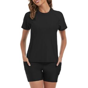 Tournesol Women's Rash Guard 2 Piece Short Sleeve Swim Shirt with Shorts Swimsuit with Bra Bathing Suit Plus Size with Pocket