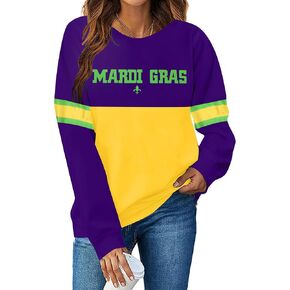 FAYALEQ Mardi Gras Sweatshirt Women Crewneck Carnival Pullover Casual Mardi Gras Print Sequin Long Sleeve Top