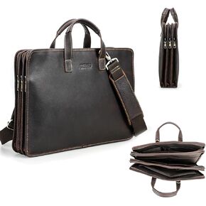 Contacts Full Grain Leather Briefcase for Men 16" Laptop Bag Messenger Bag Computer Satchel Handbag with 3 Layer Compartments