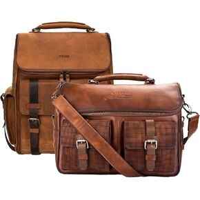 VELEZ Top Grain Leather Backpack for Men Brown Designer Bookbag Business Casual Shoulder Bag + Mens Messenger Laptop Bag travel Briefcase Computer Bags
