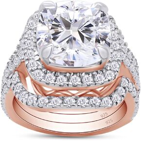 SAVEARTH DIAMONDS Cushion Cut Lab Created Moissanite Engagement Ring & Double Wedding Band Halo Bridal Set, Wedding Rings Bands in 14k Gold Plated 925 Sterling Silver (3.50 Cttw, G-H/VVS1)