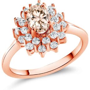 Gem Stone King 1.25 Ct Oval Peach Morganite 18K Rose Gold Plated Silver Flower Ring
