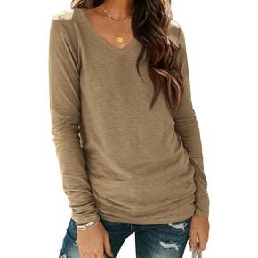 ATHMILE Womens Long Sleeve V Neck Shirts Basic Tee Casual Top Fall Trendy Tunic Outfits Fitted T Shirts