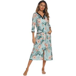 Women's Zipper Robes 3/4 Sleeve Floral Print Bathrobe Lightweight Housecoats with Pockets Ladies Loungewear