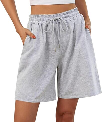 شورت نسائي للتمرين في صالة الألعاب الرياضية والجري وكرة السلة والعرق الرياضي وصالة اليوغا بالإضافة إلى حجم شورت برباط كاجوال للتمارين الرياضية مع جيوب ملابس صيفية فضفاضة ومريحة (رمادي، L) in Kuwait
