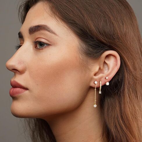 3 Pairs Earrings Set for Multiple Piercings, Gold Stackable Earrings for Women, Gold Studs Hoop Earrings Stack, Gold Dangle Earrings Set, CZ Earrings Hypoallergenic for Sensitive Ears, Gift in Kuwait