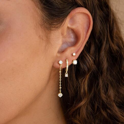 3 Pairs Earrings Set for Multiple Piercings, Gold Stackable Earrings for Women, Gold Studs Hoop Earrings Stack, Gold Dangle Earrings Set, CZ Earrings Hypoallergenic for Sensitive Ears, Gift in Kuwait
