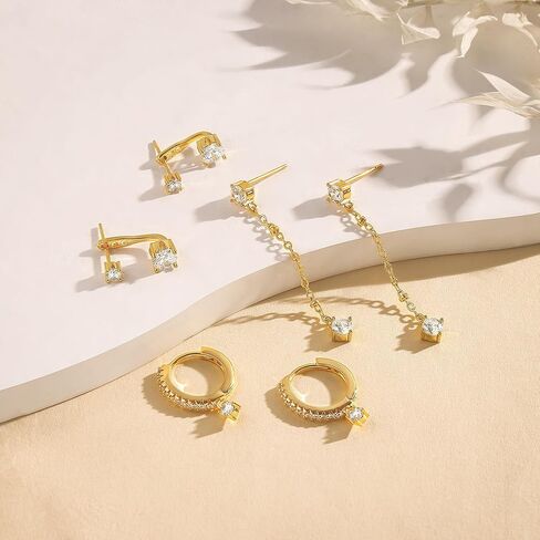 3 Pairs Earrings Set for Multiple Piercings, Gold Stackable Earrings for Women, Gold Studs Hoop Earrings Stack, Gold Dangle Earrings Set, CZ Earrings Hypoallergenic for Sensitive Ears, Gift in Kuwait
