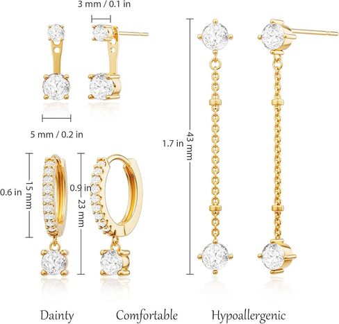 3 Pairs Earrings Set for Multiple Piercings, Gold Stackable Earrings for Women, Gold Studs Hoop Earrings Stack, Gold Dangle Earrings Set, CZ Earrings Hypoallergenic for Sensitive Ears, Gift in Kuwait