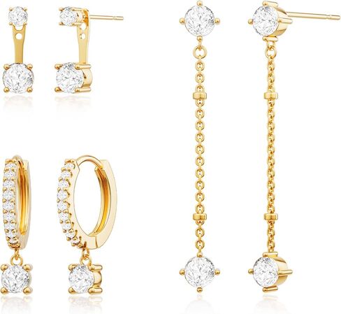 3 Pairs Earrings Set for Multiple Piercings, Gold Stackable Earrings for Women, Gold Studs Hoop Earrings Stack, Gold Dangle Earrings Set, CZ Earrings Hypoallergenic for Sensitive Ears, Gift in Kuwait