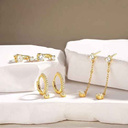 3 Pairs Earrings Set for Multiple Piercings, Gold Stackable Earrings for Women, Gold Studs Hoop Earrings Stack, Gold Dangle Earrings Set, CZ Earrings Hypoallergenic for Sensitive Ears, Gift in Kuwait
