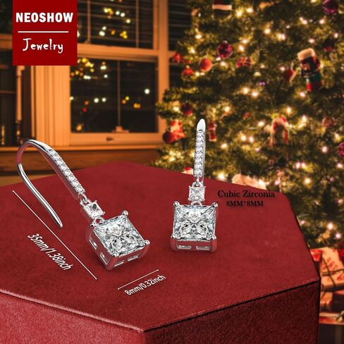 18K White Gold Plated Sterling Silver Square Princess Cut Cubic Zirconia Dangle Earrings for Women Square CZ Diamond Drop Dangling Earrings for Women Mom Hypoallergenic in Kuwait