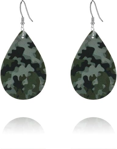 Camo Earrings for Women,Camouflage Leather Dangle Earrings Cool Lightweight Teardrop Green Camouflage Leather Drop Earrings in Kuwait