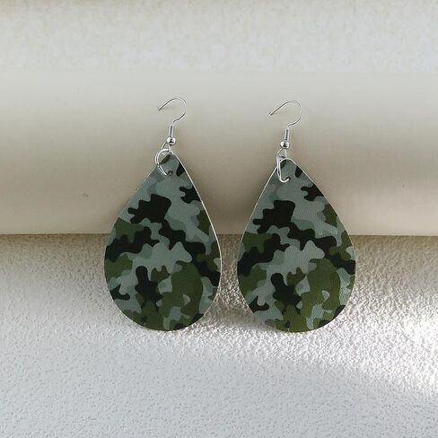 Camo Earrings for Women,Camouflage Leather Dangle Earrings Cool Lightweight Teardrop Green Camouflage Leather Drop Earrings in Kuwait