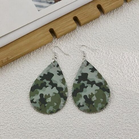 Camo Earrings for Women,Camouflage Leather Dangle Earrings Cool Lightweight Teardrop Green Camouflage Leather Drop Earrings in Kuwait