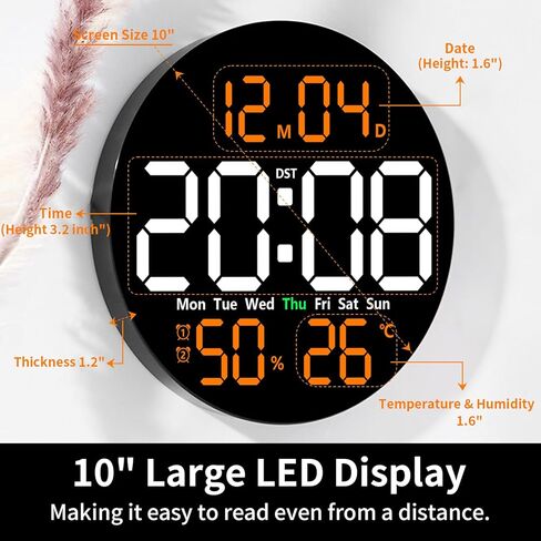 ساعة حائط رقمية مع جهاز تحكم عن بعد، ساعة LED مقاس 10 بوصات مع شاشة عرض كبيرة، ساعة حائط كهربائية حديثة للفصل الدراسي والمكتب، تعتيم تلقائي مع درجة الحرارة والرطوبة والمؤقت والتوقيت الصيفي وديكور حائط LED (برتقالي) in Kuwait