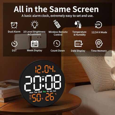 ساعة حائط رقمية مع جهاز تحكم عن بعد، ساعة LED مقاس 10 بوصات مع شاشة عرض كبيرة، ساعة حائط كهربائية حديثة للفصل الدراسي والمكتب، تعتيم تلقائي مع درجة الحرارة والرطوبة والمؤقت والتوقيت الصيفي وديكور حائط LED (برتقالي) in Kuwait