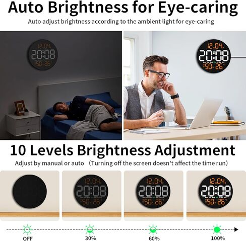 ساعة حائط رقمية مع جهاز تحكم عن بعد، ساعة LED مقاس 10 بوصات مع شاشة عرض كبيرة، ساعة حائط كهربائية حديثة للفصل الدراسي والمكتب، تعتيم تلقائي مع درجة الحرارة والرطوبة والمؤقت والتوقيت الصيفي وديكور حائط LED (برتقالي) in Kuwait