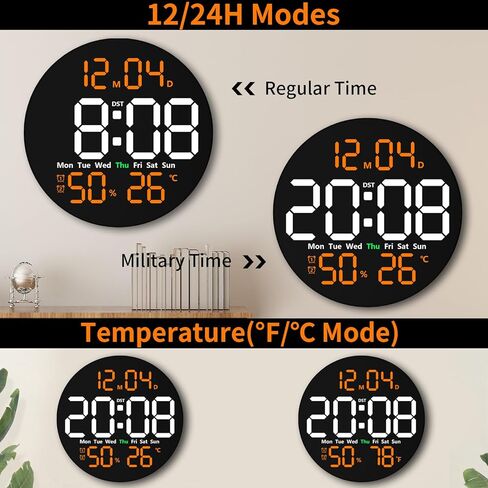 ساعة حائط رقمية مع جهاز تحكم عن بعد، ساعة LED مقاس 10 بوصات مع شاشة عرض كبيرة، ساعة حائط كهربائية حديثة للفصل الدراسي والمكتب، تعتيم تلقائي مع درجة الحرارة والرطوبة والمؤقت والتوقيت الصيفي وديكور حائط LED (برتقالي) in Kuwait