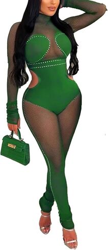 ThusFar Women Sexy See Through Sequins Jumpsuit Long Sleeve Mock Neck Mesh Sheer Cut Out Bodycon Romper Clubwear Outfit in Saudi Arabia