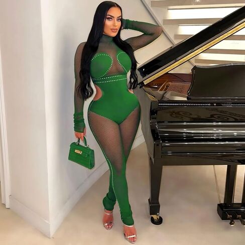 ThusFar Women Sexy See Through Sequins Jumpsuit Long Sleeve Mock Neck Mesh Sheer Cut Out Bodycon Romper Clubwear Outfit in Saudi Arabia