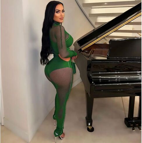 ThusFar Women Sexy See Through Sequins Jumpsuit Long Sleeve Mock Neck Mesh Sheer Cut Out Bodycon Romper Clubwear Outfit in Saudi Arabia