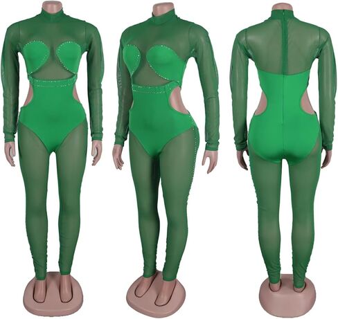 ThusFar Women Sexy See Through Sequins Jumpsuit Long Sleeve Mock Neck Mesh Sheer Cut Out Bodycon Romper Clubwear Outfit in Saudi Arabia