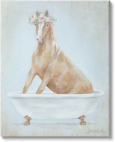 Stupell Industries Country Horse in Farm Bathtub Pink Floral Crown، صمم بواسطة Debi Coules Canvas Wall Art، 16 × 20، بني in Saudi Arabia