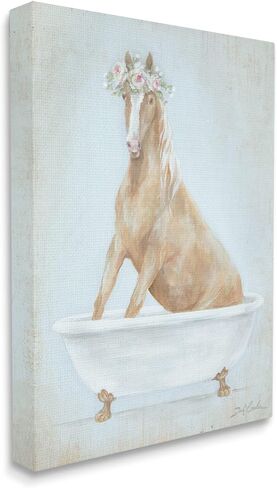 Stupell Industries Country Horse in Farm Bathtub Pink Floral Crown، صمم بواسطة Debi Coules Canvas Wall Art، 16 × 20، بني in Saudi Arabia