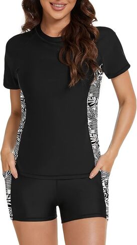 قميص سباحة للسيدات من Tournesol بأكمام قصيرة مكون من قطعتين مع شورت ملابس سباحة مع حمالة صدر بدلة استحمام مقاس كبير مع جيب in Kuwait