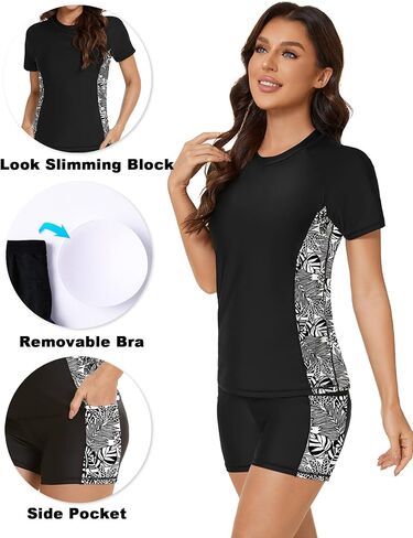 قميص سباحة للسيدات من Tournesol بأكمام قصيرة مكون من قطعتين مع شورت ملابس سباحة مع حمالة صدر بدلة استحمام مقاس كبير مع جيب in Kuwait