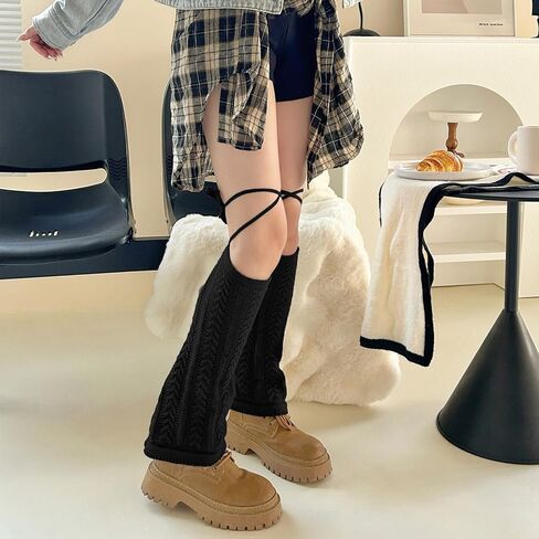 YELAIVP Kawaii Leg Warmers Y2K Knit Lace up Leg Warmers Cute Japanese Harajuku Lolita Leg Warmers for Women Girls in Kuwait