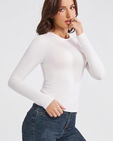 Long Sleeve Shirts for Women Basic T Shirts Crewneck Y2K Crop Tops Going Out Womens Shirts Tops Stretchy Slim Tee White in Saudi Arabia