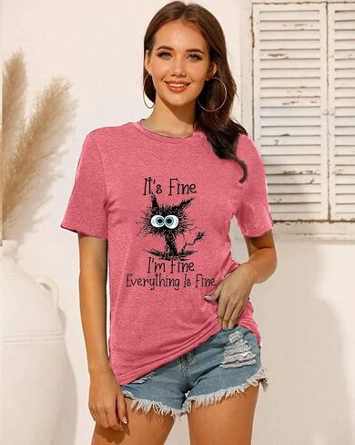 It's Fine I'm Fine Everything is Fine Funny Cat Printed T-Shirt for Women Short Sleeve in Kuwait