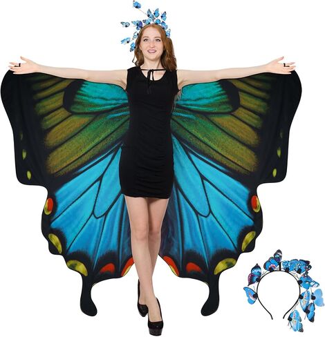 Double-Sided Printing Butterfly Wings Shawl Costume with Headband Set Halloween Fairy Butterfly Wings Cape 69x57inch in Saudi Arabia