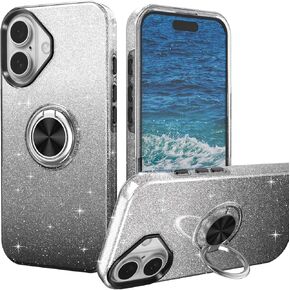 for iPhone 16 Case for Girls,Slim Fit Glitter Sparkly Case with 360°Ring Holder Kickstand Magnetic Car Mount Shock-Absorbent Protective Sturdy Cover for iPhone 16 6.1" for Women,Pink