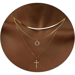 Layered Gold Necklaces for Women，Stackable 14K Gold Plated Tiny Initial Necklaces Simple CZ Cross necklace Dainty Layered Necklace Different Length Pendant Necklace Gold Jewelry Set for Women