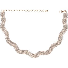 14K Gold Plated Rhinestone Choker Necklace, Sparkly Wave-shaped Diamond Necklace Dainty Crystal Choker Necklace for Women