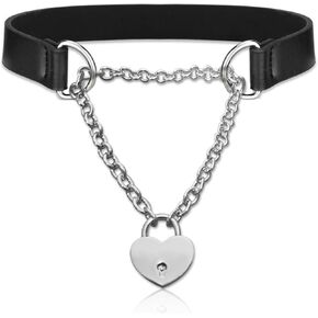 Goth Choker Necklaces for Women, Soft Collar Chain for Women, Love Heart Padlock Day Collar with Key, Black Punk PU Leather Necklace for Party Cosplay Christmas Birthday Jewelry Gifts