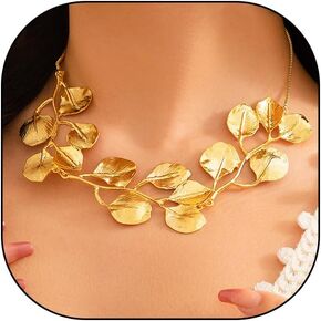 FUTIMELY Boho Leaf Statement Choker Necklace for Women,14K Gold Exaggerated Leaf Plant Collar Necklace Party Prom Vintage Punk Aesthetic Jewelry Gift
