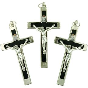 Lot of 3 Black Enamel Cross 2 3/4 Inch Metal Bound Crucifix with Silver P Corpus