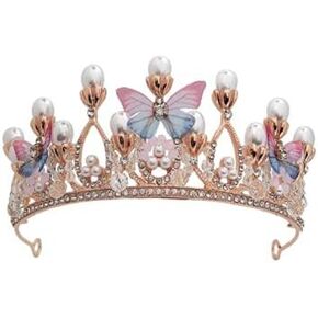 Girls Tiara Butterfly Princess Crown Gold Pearl Headband Rhinestone Hairpiece for Girls Decorative Princess Tiaras Hair Accessories