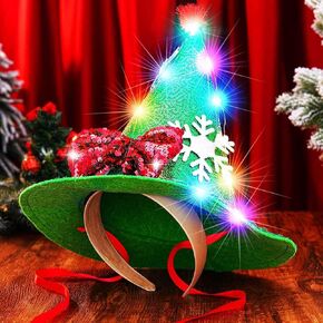 Fashey Light Up Christmas Hat Led Christmas Bow Hats Headbands Green Sequin Xmas Hat Snowflake Christmas Hair Accssories for Women and Girls