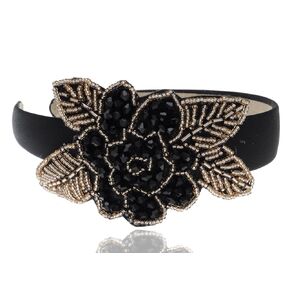 Alilang Women Intricate Design Single Black Bead Flower Golden Bead Leaves Fashion Headband, 1 Piece