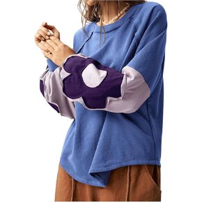 Women's Color Block Crew Neck Sweatshirt Floral Decor Long Sleeve Pullover Tops Boho Shirt