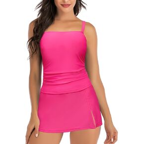 Women's Ruched Tummy Control Tankini Bathing Suits with High Waisted Skirt Two Piece Swimwear