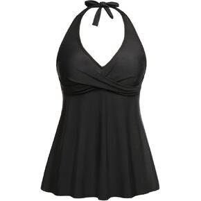 Pinup Fashion Women's Halter Tankini Top Only Black Flowy Swimsuits Loose Fit Twist V Neck Bathing Suit Tops No Bottom XXL