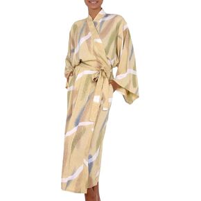 NOVICA Artisan Handmade Women's Batik Robe Patterned Rayon Clothing Yellow Multicolor Custard Indonesia ' Sweet Nuance'